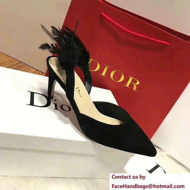 Dior Heel 7cm Sling-Back Shoes In Black Suede Calfskin And Feathers Cruise 2018