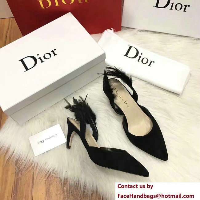 Dior Heel 7cm Sling-Back Shoes In Black Suede Calfskin And Feathers Cruise 2018