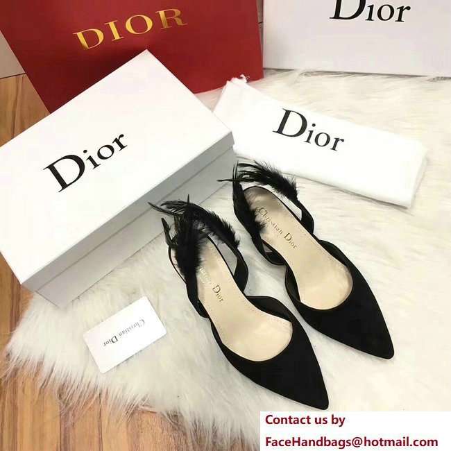 Dior Heel 7cm Sling-Back Shoes In Black Suede Calfskin And Feathers Cruise 2018