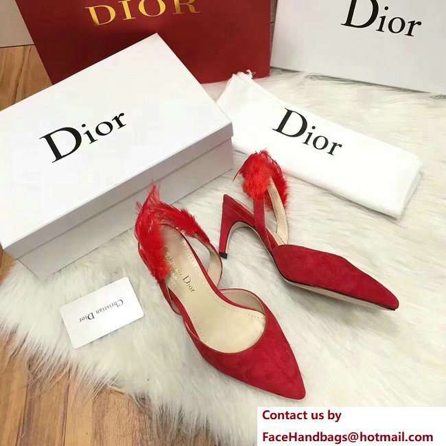 Dior Heel 7cm Sling-Back Shoes In Red Suede Calfskin And Feathers Cruise 2018