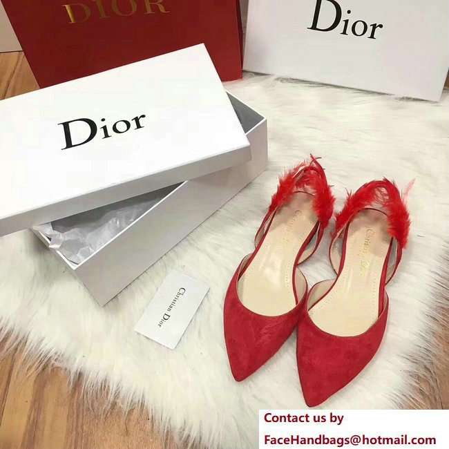 Dior Sling-Back Ballet Pumps In Red Suede Calfskin And Feathers Cruise 2018