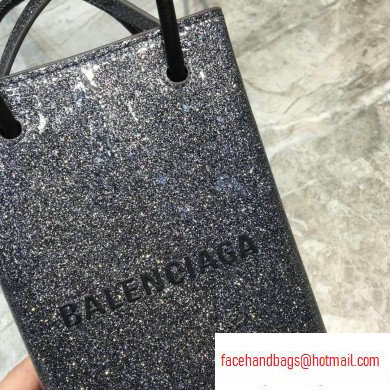 Balenciaga North-South Mini Shopping Phone Holder Bag in Patent Calfskin Gray