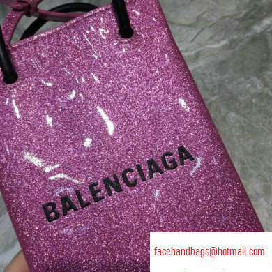 Balenciaga North-South Mini Shopping Phone Holder Bag in Patent Calfskin Pink