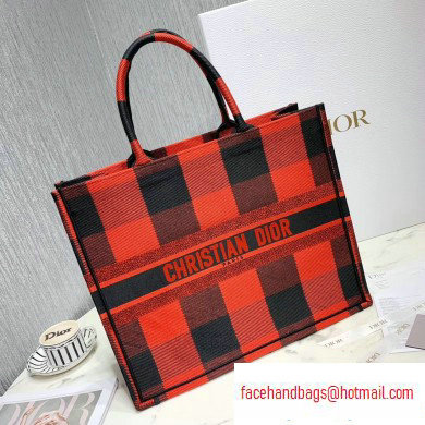 Dior Book Tote Bag in Embroidered Canvas Check Red