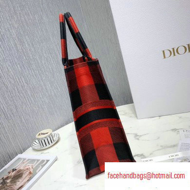 Dior Book Tote Bag in Embroidered Canvas Check Red