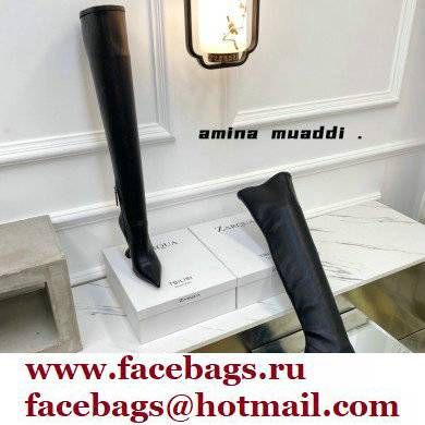 Amina Muaddi Heel 9.5cm Leather Thigh-High Boots Black 2021