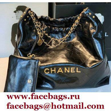 Chanel Logo Waxy Calfskin Large Drawstring Bucket Shopping Bag Black/Gold 2021