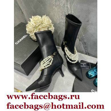 Chanel Pearls Heel 8cm Ankle Boots G37542 Lambskin Black 2021