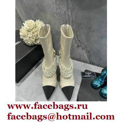 Chanel Pearls Heel 8cm Ankle Boots G37542 Lambskin White 2021