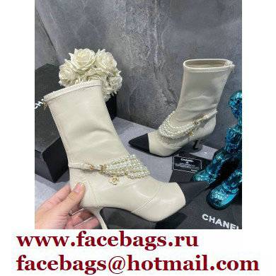 Chanel Pearls Heel 8cm Ankle Boots G37542 Lambskin White 2021