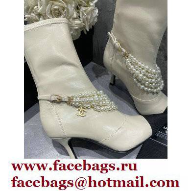 Chanel Pearls Heel 8cm Ankle Boots G37542 Lambskin White 2021