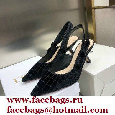 Dior Heel 6.5cm J'Adior Slingback Pumps Crocodile-Effect Embroidered Velvet Black 2021