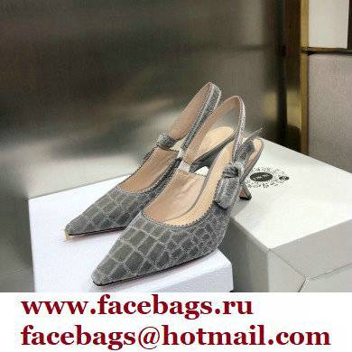 Dior Heel 6.5cm J'Adior Slingback Pumps Crocodile-Effect Embroidered Velvet Gray 2021