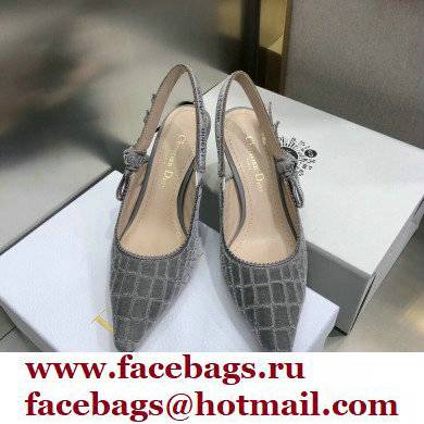 Dior Heel 6.5cm J'Adior Slingback Pumps Crocodile-Effect Embroidered Velvet Gray 2021