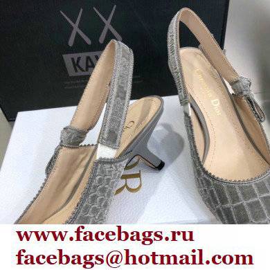 Dior Heel 6.5cm J'Adior Slingback Pumps Crocodile-Effect Embroidered Velvet Gray 2021