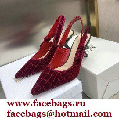 Dior Heel 6.5cm J'Adior Slingback Pumps Crocodile-Effect Embroidered Velvet Red 2021