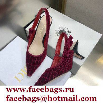 Dior Heel 6.5cm J'Adior Slingback Pumps Crocodile-Effect Embroidered Velvet Red 2021