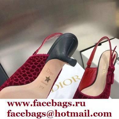 Dior Heel 6.5cm J'Adior Slingback Pumps Crocodile-Effect Embroidered Velvet Red 2021