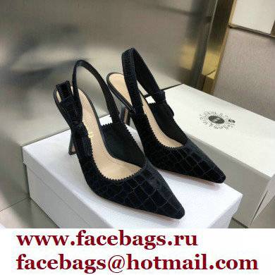 Dior Heel 9.5cm J'Adior Slingback Pumps Crocodile-Effect Embroidered Velvet Black 2021