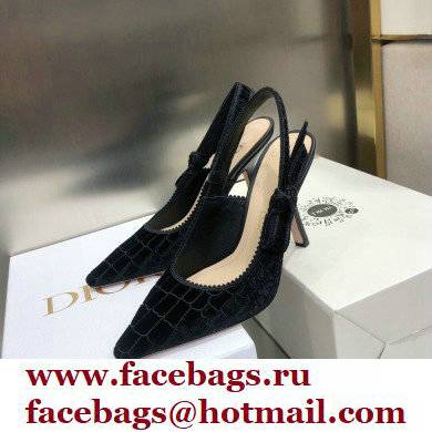 Dior Heel 9.5cm J'Adior Slingback Pumps Crocodile-Effect Embroidered Velvet Black 2021