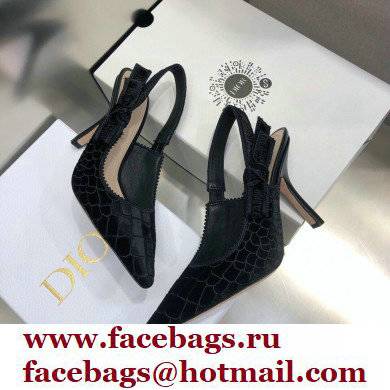 Dior Heel 9.5cm J'Adior Slingback Pumps Crocodile-Effect Embroidered Velvet Black 2021