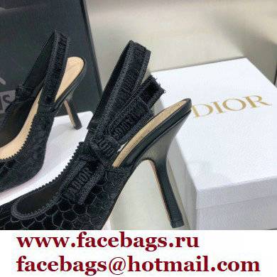 Dior Heel 9.5cm J'Adior Slingback Pumps Crocodile-Effect Embroidered Velvet Black 2021