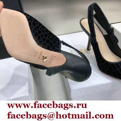 Dior Heel 9.5cm J'Adior Slingback Pumps Crocodile-Effect Embroidered Velvet Black 2021