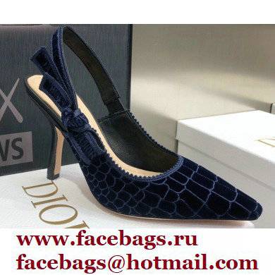 Dior Heel 9.5cm J'Adior Slingback Pumps Crocodile-Effect Embroidered Velvet Dark Blue 2021