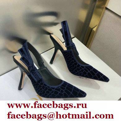 Dior Heel 9.5cm J'Adior Slingback Pumps Crocodile-Effect Embroidered Velvet Dark Blue 2021