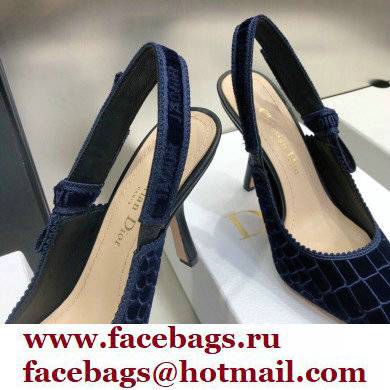 Dior Heel 9.5cm J'Adior Slingback Pumps Crocodile-Effect Embroidered Velvet Dark Blue 2021