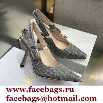 Dior Heel 9.5cm J'Adior Slingback Pumps Crocodile-Effect Embroidered Velvet Gray 2021