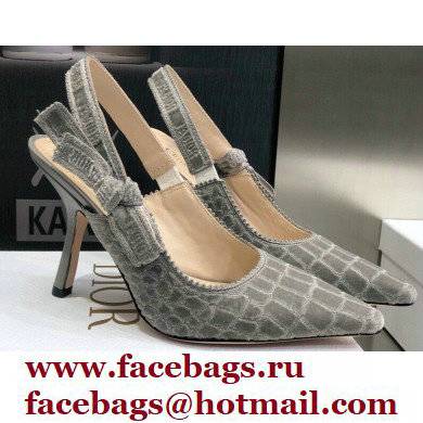 Dior Heel 9.5cm J'Adior Slingback Pumps Crocodile-Effect Embroidered Velvet Gray 2021