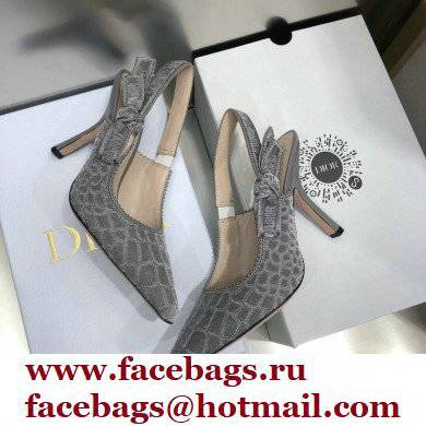 Dior Heel 9.5cm J'Adior Slingback Pumps Crocodile-Effect Embroidered Velvet Gray 2021