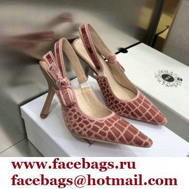 Dior Heel 9.5cm J'Adior Slingback Pumps Crocodile-Effect Embroidered Velvet Pink 2021