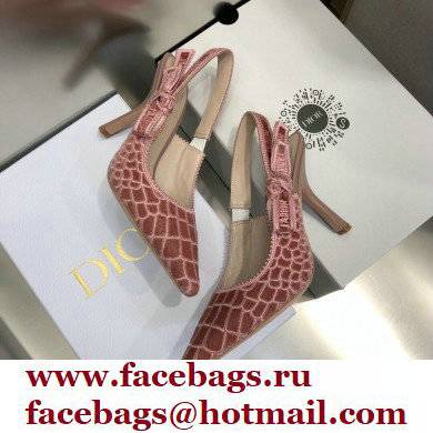 Dior Heel 9.5cm J'Adior Slingback Pumps Crocodile-Effect Embroidered Velvet Pink 2021