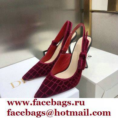 Dior Heel 9.5cm J'Adior Slingback Pumps Crocodile-Effect Embroidered Velvet Red 2021