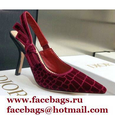 Dior Heel 9.5cm J'Adior Slingback Pumps Crocodile-Effect Embroidered Velvet Red 2021