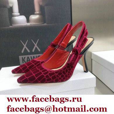 Dior Heel 9.5cm J'Adior Slingback Pumps Crocodile-Effect Embroidered Velvet Red 2021