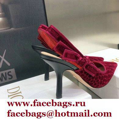 Dior Heel 9.5cm J'Adior Slingback Pumps Crocodile-Effect Embroidered Velvet Red 2021