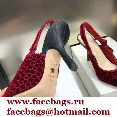 Dior Heel 9.5cm J'Adior Slingback Pumps Crocodile-Effect Embroidered Velvet Red 2021