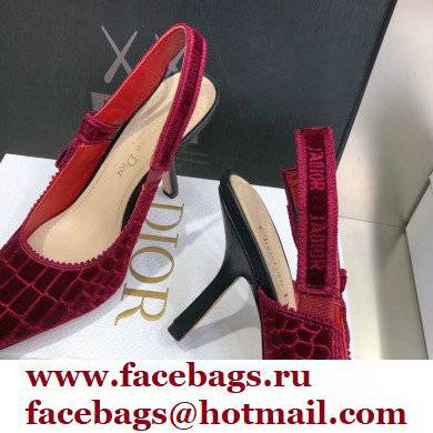 Dior Heel 9.5cm J'Adior Slingback Pumps Crocodile-Effect Embroidered Velvet Red 2021