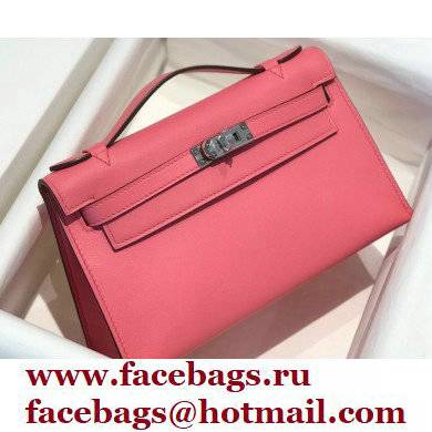 Hermes Mini Kelly 22 Pochette Bag Rouge Pink in Swift Leather with Silver Hardware