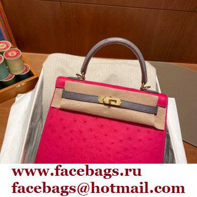 Hermes kelly 25 bag in ostrich leather rose tyrien/gris agate handmade