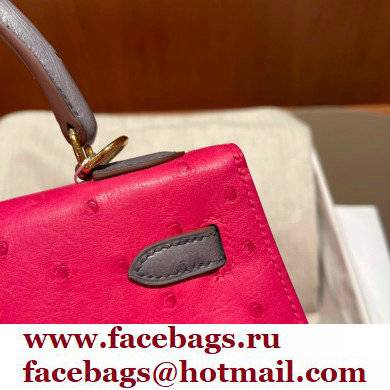 Hermes kelly 25 bag in ostrich leather rose tyrien/gris agate handmade