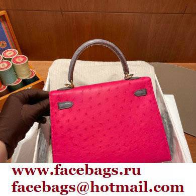 Hermes kelly 25 bag in ostrich leather rose tyrien/gris agate handmade