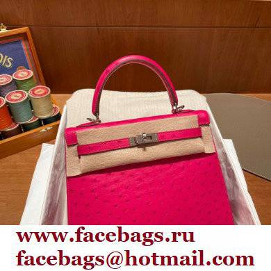 Hermes kelly 25 bag in ostrich leather rose tyrien handmade