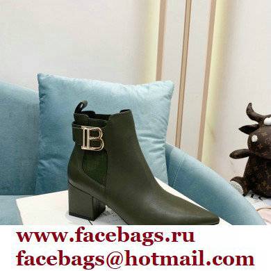 Balmain Heel 6cm Ankle Boots Leather Army Green with Balmain Monogram Logo 2021