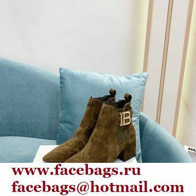 Balmain Heel 6cm Ankle Boots Suede Khaki with Balmain Monogram Logo 2021