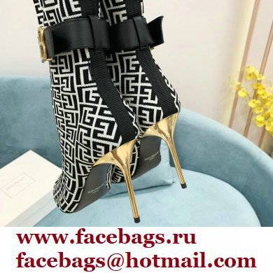 Balmain Heel 9.5cm Raven Thigh-high Boots Knit Black/White with Monogram Strap 2021