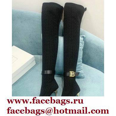 Balmain Heel 9.5cm Raven Thigh-high Boots Knit Black with Monogram Strap 2021